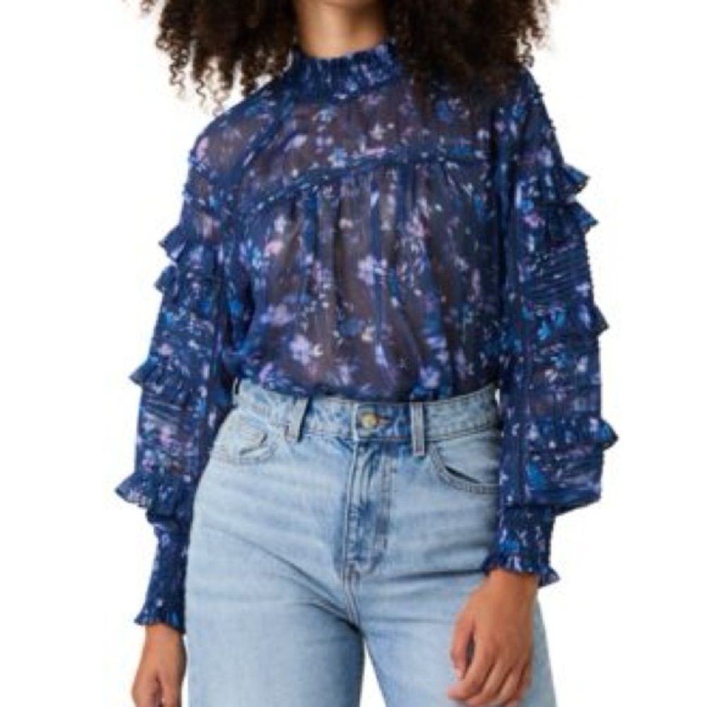 NEW French Connection Blue Ruffled Sheer Blouse with Bib Collar S